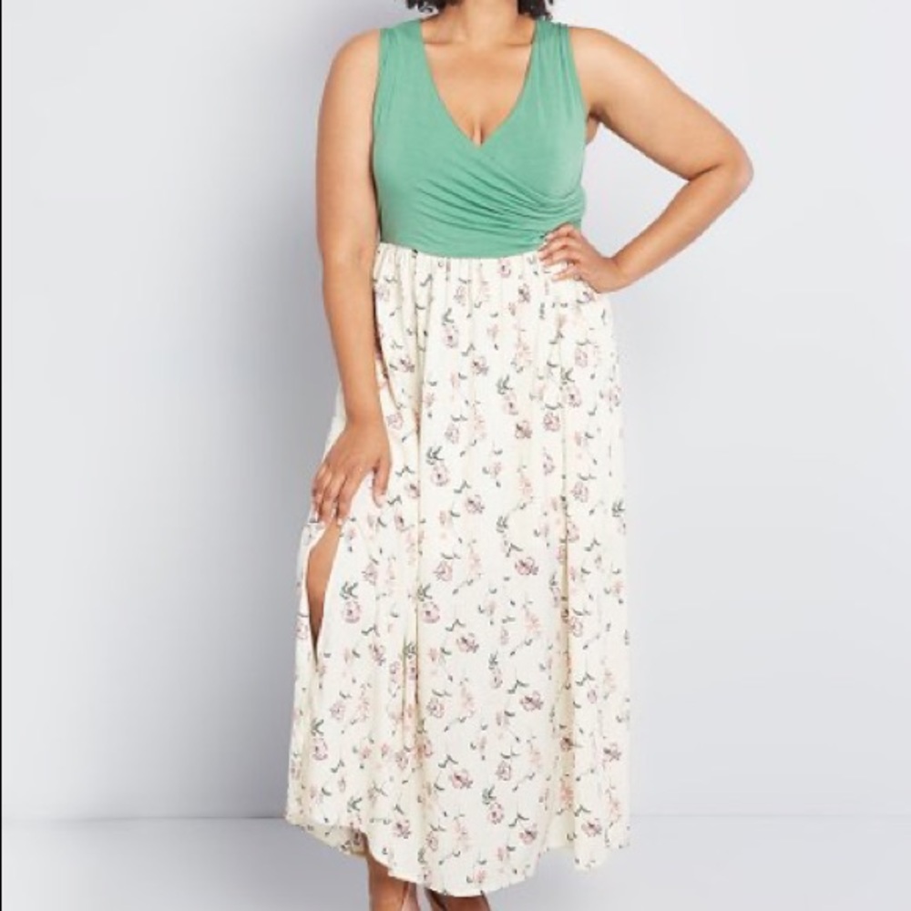 ModCloth Sea Green & Floral Print Faux Wrap Dress